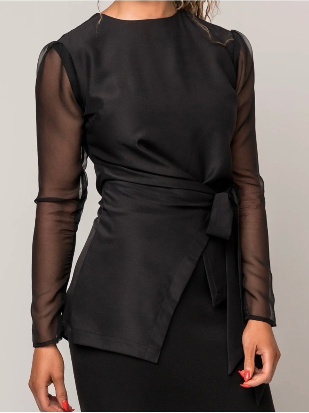 Elegant Black Sheer-Sleeve Wrap Shirt - Blackstrad Concert Attire